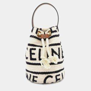 Celine Teen Drawstring Handbag White/Black/Brown Cotton Calf Leather