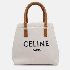 Celine White and Brown Canvas and Leather Horizontal Cabas Tote Bag