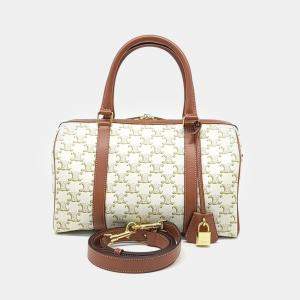 Celine Brown White Fabric Triumph Boston Bag