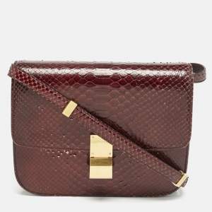 Celine Burgundy Python Medium Classic Box Shoulder Bag