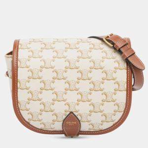 Celine Brown White Medium Triomphe Coated Canvas Folco Crossbody