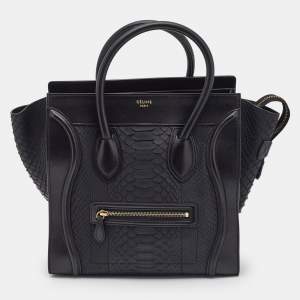 Celine Black Leather and Python Mini Luggage Tote