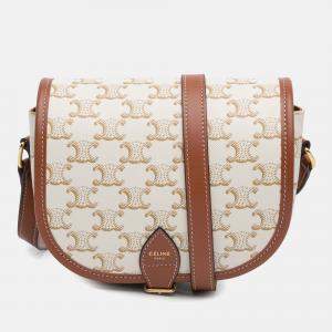 Celine White Medium Triomphe Coated Canvas Folco Crossbody