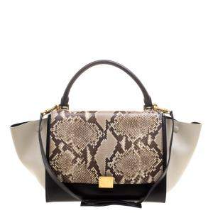Pre Owned Celine Tri Color Leather and Snakeskin Medium Trapeze Tote