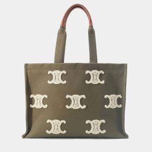 Celine Triomphe Large Cabas Thais Tote Bag Khaki Canvas Leather Size Large