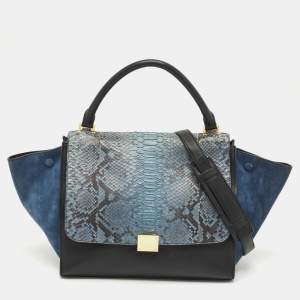 Celine Blue/Black Python, Leather and Suede Medium Trapeze Top Handle Bag