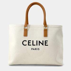 Celine Horizontal Cabas White/Brown Canvas Leather