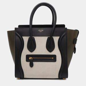 Celine Luggage Micro Bullhide Calfskin Nubuck Tri-Color White Khaki Tote Bag