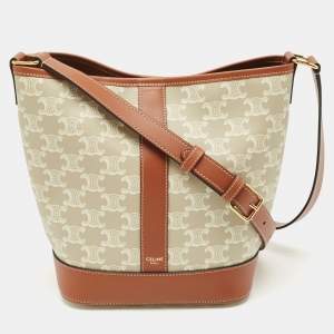 Celine White/Tan Triomphe Canvas Small Bucket Bag
