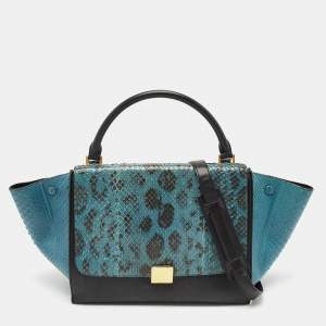 Celine Blue/Black Python and Leather Medium Trapeze Bag