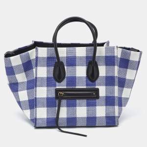 Celine Blue/White Gingham Woven Straw Medium Phantom Luggage Tote