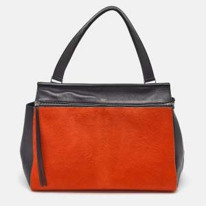 Celine Black/Orange Calf Hair and Leather Medium Edge Top Handle Bag