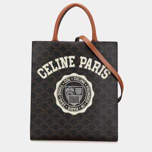 Pre Owned Celine Brown Small Paris Print Triomphe Coated Canvas Vertical Cabas