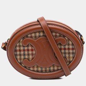 Celine Brown Small Canvas and Calfskin Cuir Triomphe Houndstooth Oval Crossbody