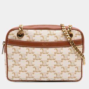 Celine White Small Triomphe Coated Canvas Patapans Shoulder Bag