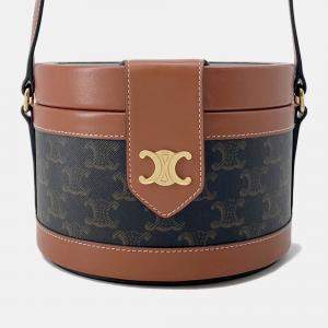 Pre Owned Celine Tambour Triomphe Medium Tan Canvas Leather Shoulder Bag