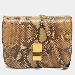 Pre Owned Celine Beige Python Medium Classic Box Shoulder Bag