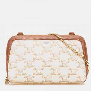 Pre Owned Celine Brown White Triomphe Coated Canvas Clutch On Chain