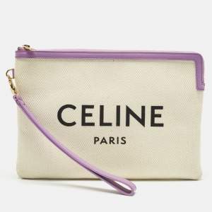 Pre Owned Celine Beige/Lilac Canvas and Leather Logo Wristlet Clutch