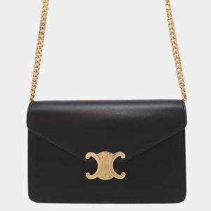 Pre Owned Celine Chain Wallet Triomphe Margo Black Shiny Calf Leather