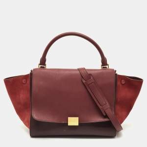 Pre Owned Celine Burgundy/Red Leather and Suede Medium Trapeze Top Handle Bag
