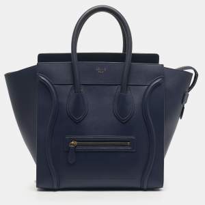 Pre Owned Celine Navy Blue Leather Mini Luggage Tote
