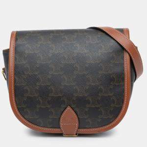 Pre Owned Celine Brown Medium Triomphe Coated Canvas Folco Crossbody