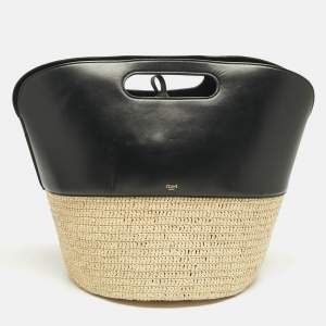 Pre Owned Celine Black/Cream Leather and Raffia Basket Bag