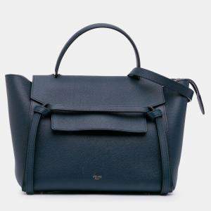 Pre Owned Celine Navy Blue Mini Grained Calfskin Belt Satchel