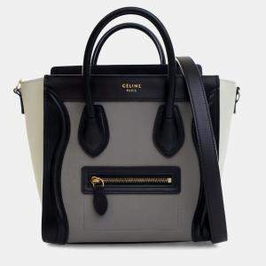 Pre Owned Celine Grey Nano Tricolor Grained Calfskin and Nubuck Luggage Tote