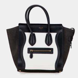 Pre Owned Celine Black White Micro Bicolor Nubuck and Drummed Calfskin Luggage Tote