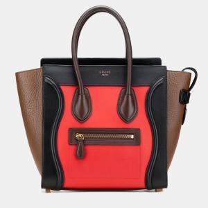 Pre Owned Celine Red Micro Tricolor Leather Luggage Tote