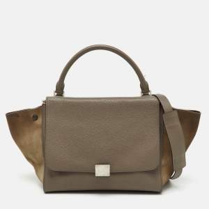 Pre Owned Celine Taupe Grey/Brown Leather and Suede Medium Trapeze Top Handle Bag
