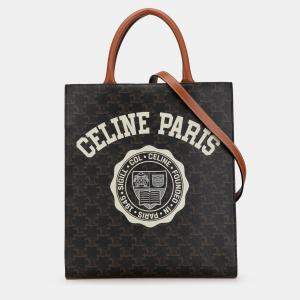 Pre Owned Celine Brown Small Paris Print Triomphe Coated Canvas Vertical Cabas Tote