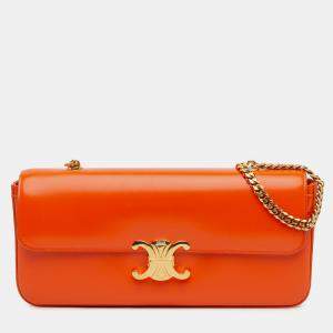 Pre Owned Celine Orange Smooth Calfskin Triomphe Chain Shoulder Bag