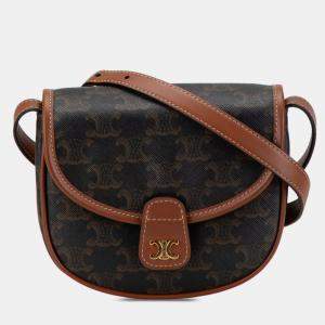 Pre Owned Celine Brown Mini Triomphe Coated Canvas Besace Crossbody