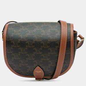 Pre Owned Celine Brown Medium Triomphe Coated Canvas Folco Crossbody