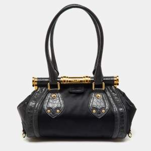 Pre Owned Celine Black Croc Embossed Leather and Satin Vintage Triomphe Clasp Bag
