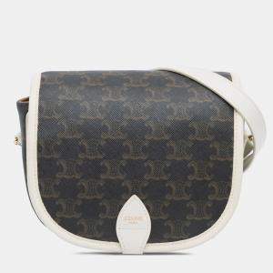 Pre Owned Celine Brown White Medium Triomphe Coated Canvas Folco Crossbody