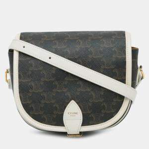 Pre Owned Celine Brown White Medium Triomphe Coated Canvas Folco Crossbody