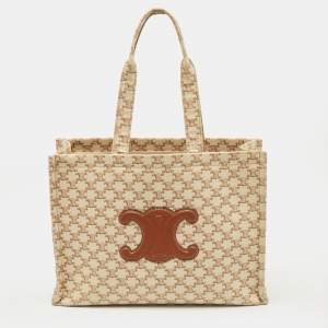 Pre Owned Celine Beige/Brown Triomphe Canvas Large Cabas Thais Tote
