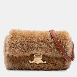 Pre Owned Celine Brown Shearling Triomphe Shoulder Bag