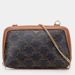 Pre Owned Celine Brown Triomphe Coated Canvas Clutch On Chain