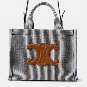 Pre Owned Celine Small Kabatais 2-Way Bag Navy Blue/Brown Canvas Leather