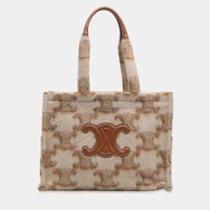 Pre Owned Celine Beige Brown Large Mohair Triomphe Cabas Thais Tote