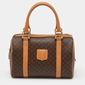 Pre Owned Celine Brown Macadam Coated Canvas and Leather Boston Bag