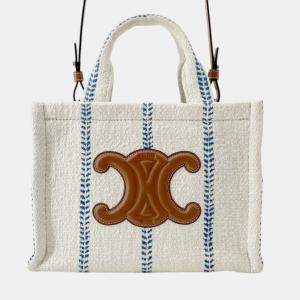 Pre Owned Celine White Small Wool Cuir Triomphe Stripe Cabas Thais Satchel