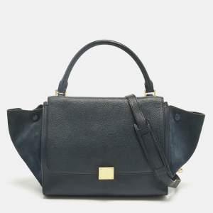 Pre Owned Celine Navy Blue Leather and Suede Medium Trapeze Top Handle Bag