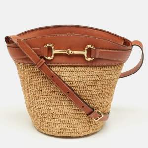 Pre Owned Celine Brown/Cream Raffia and Leather Crecy Bucket Bag