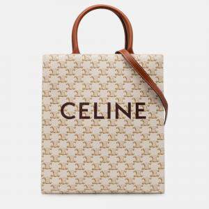 Pre Owned Celine Cream Small Triomphe Coated Canvas Vertical Cabas Satchel